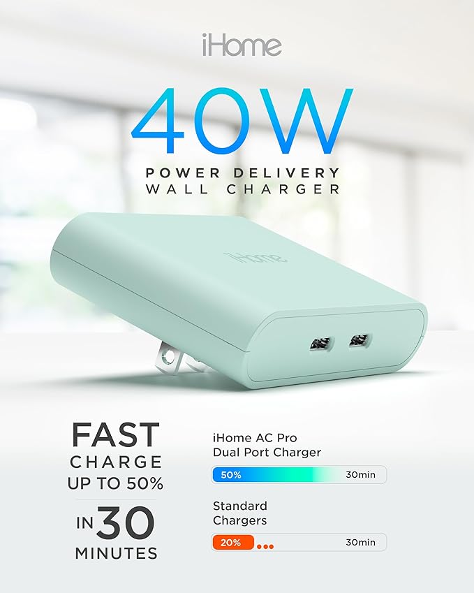iHome Multiport 40W USB-C Charger, AC Pro 2-Port Flat Block, Dual Fast Charging Wall Adapter