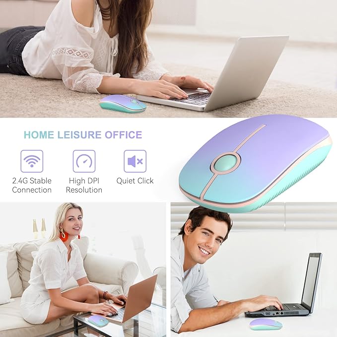 Unipows Wireless Mouse - 2.4G Slim Portable Computer Mouse with Nano Receiver, Less Noise Mobile Optical Mice for Notebook, PC, Laptop, Desktop (Gradient Mint Green)