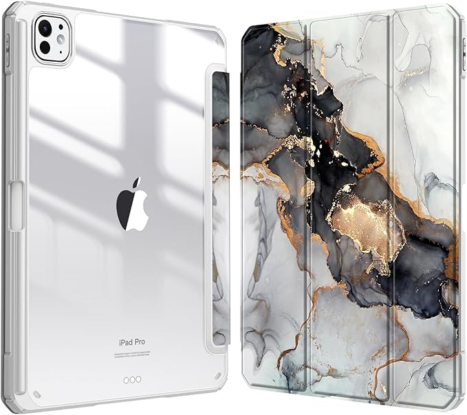 Fintie Hybrid Slim Case for iPad Pro 11-inch (M5) 2025 / (M4) 2024 - [Built-in Pencil Holder] Shockproof Protective Cover with Clear Transparent Back Shell, Cloudy Marble