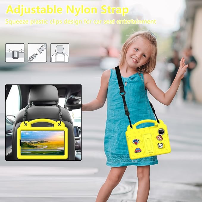 AKABEILA Compatible with Honor Pad X7 8.7 inch 2025 Tablet Case, Kids Friendly Universal Lightweight Shockproof Protective Case with Shoulder Strap & Stand Handle Yellow