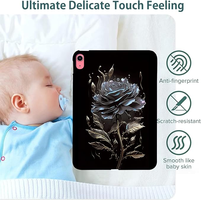 for Apple iPad (A16) 11th Generation Case 11 inch 2025 & iPad 10th Generation Case 10.9 inch 2022, Lightweight Soft TPU Back Shockproof Cover Silicone Bumper Shell, Black Rose Flower