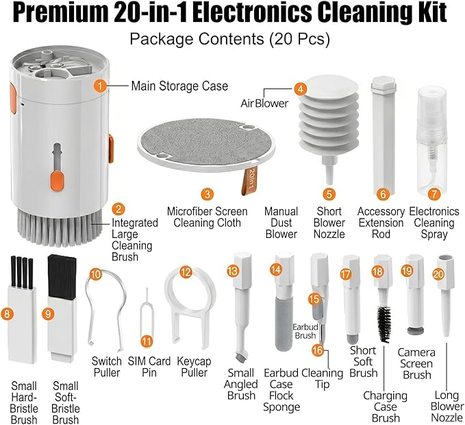 20-in-1 Phone Cleaning Kit and Keyboard Cleaning Kit, Professional Electronics Cleaner with Screen Spray Bottle & Brush, Portable Cleaning Tool Set for Laptop, Earbud, Camera and PC Monitor