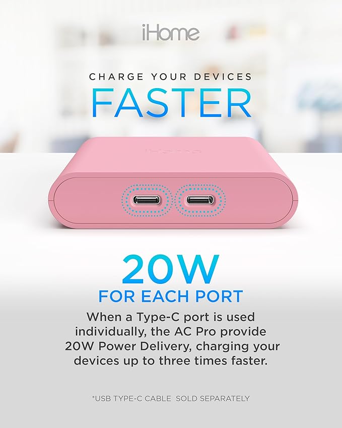 iHome Multiport 40W USB-C Charger, AC Pro 2-Port Flat Block, Dual Fast Charging Wall Adapter