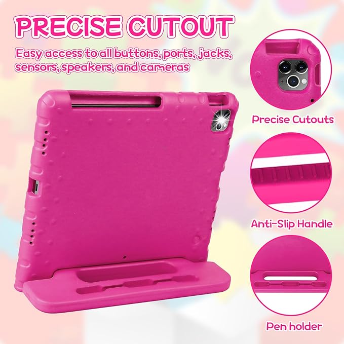 New Kids Case for iPad Pro 12.9 Case Super Protection iPad Pro 12.9 inch 6th 5th 4th 3th Cover with Pencil Holder and Handle Stand for iPad Pro 12.9 2022 2021 2020 2018 Rose Red