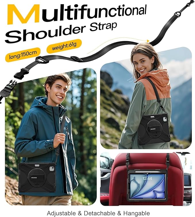BRAECN for iPad Air 11 Inch M4 2026/M3 2025/M2 2024,iPad Air 5th/ 4th Gen 10.9 Inch Shockproof Durable Silicone Case with 360 Rotating Hand Strap&Kickstand for iPad Pro 11'' 4/3/2/1st Case-Black