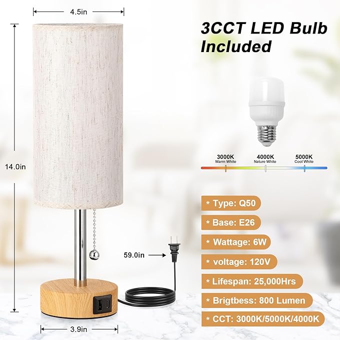 PartageiZ Small Table Lamp for Bedroom Nightstand - Bedside Lamp with USB A + C Charging Port, 3 Color Temperatures Pull Chain Night Stand Light, Wood Base Desk Reading Lamp for Class Room/Nursey