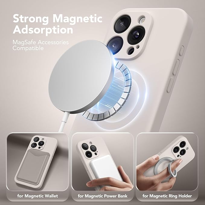 Magnetic for iPhone 15 Pro Max Case, Compatible with MagSafe, [Full Camera Protection][Screen Protector] Silicone Shockproof Protective Phone Case for iPhone 15 Pro Max 6.7", Stone