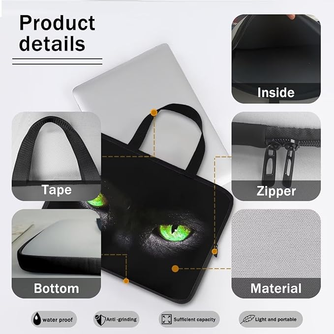 10 Inch Laptop Sleeve, Black Cat Green Eyes Laptop Cover Computer Bag Tablet Carrying Case with Handle, Funny Printed Notebook Case Handbag Briefcase Shoulder Bag for Office/School
