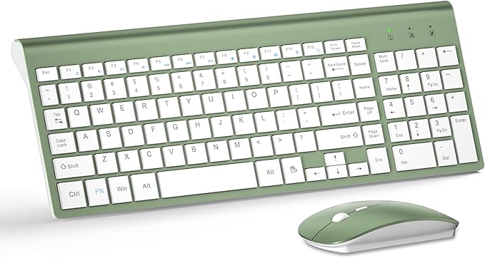 Wireless Keyboard and Mouse Ultra Slim Combo, TopMate 2.4G Silent Compact USB 2400DPI Mouse and Scissor Switch Keyboard Set with Cover, Batteries Included, for PC/Laptop/Windows/Mac - Green White