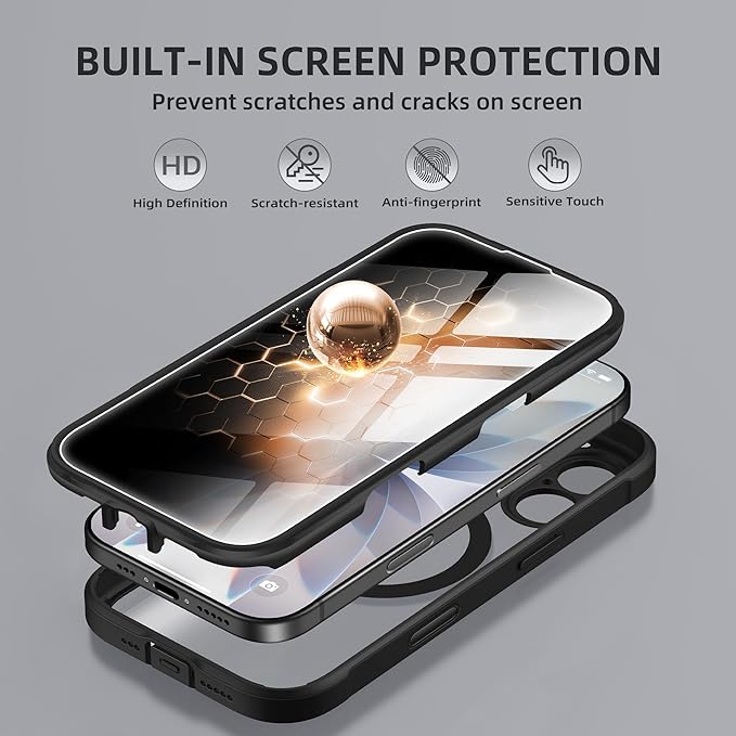 BERFY for iPhone 17 Case, Compatible with MagSafe, Built-in Privacy Screen Protector, Camera Protection, Shockproof Full Body Phone Case 6.3", Clear Black
