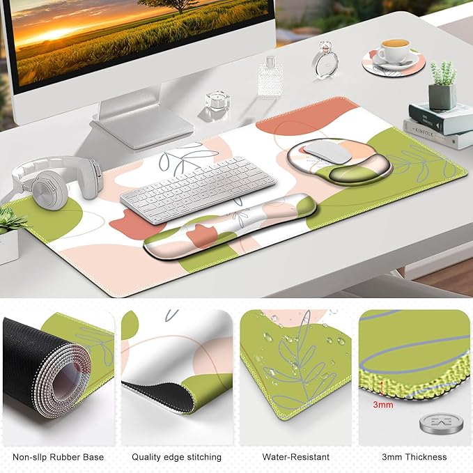 Gaming Mouse Pad, Large Desk Mat, Cute Desk Pad Protector, 4 in1 XXL Mousepad + Keyboard Wrist Rest+Mouse Wrist Rest+Coaster Set with Ergonomic Desk Pad for Home Office Table Computer Pink Rose