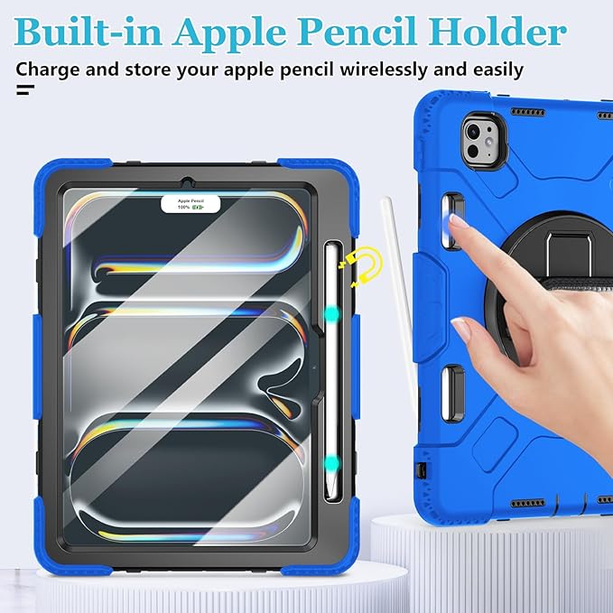 Case for iPad Pro 11 M5 2025/ M4 2024: Protective Cover for iPad Pro 11 Inch 5th Generation with Screen Protector- Stand- Handle- Shoulder Strap- Pencil Holder-Black+Blue