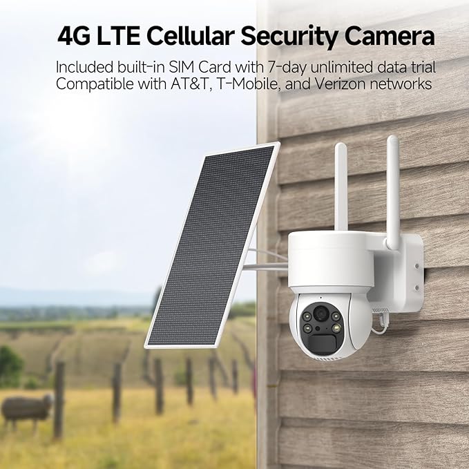 Oculview 2K Solar Security Camera Wireless Outdoor, 1PCS Outdoor Camera Wireless with 360° View, Cameras for Home Security with Color Night Vision, 4G LTE Cellular, No Wi-Fi Needed, 1 Pack, White