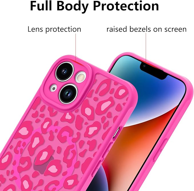 KANGHAR Case for iPhone 14 Plus Hot Pink Leopard Printed Pattern Cute Cheetah [Compatible with Magsafe] Protective Magnetic Case for Girls Women 6.7"