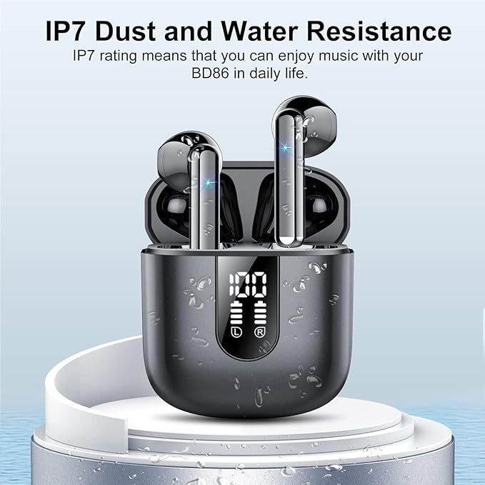 Jesebang Wireless Earbuds, Bluetooth 5.4 Headphones HiFi Stereo, Bluetooth Earbuds with ENC Noise Cancelling Mic, 36H LED Display Ear Buds, IPX7 in Ear Earphones for Phone Tablet Laptop Sports, Black