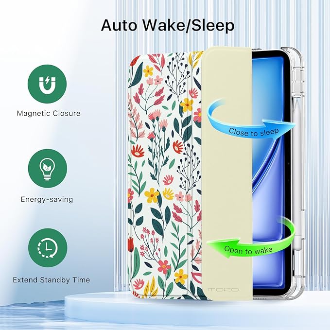 MoKo for iPad Air 11 inch Case (M4/M3/M2) 2026/2025/2024, iPad Air 5th/4th Gen 10.9 inch Case 2022/2020 with Pencil Holder, Slim Light Trifold Cover with Hard PC Translucent Back Shell, Flowers