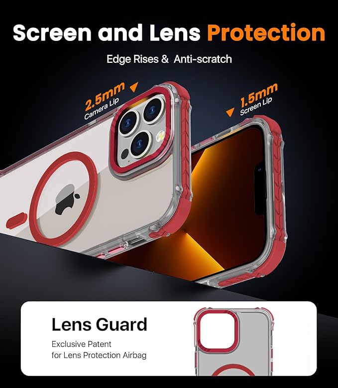 DEERLAMN Strong Magnetic Case for iPhone 15 Pro Max 6.7-Inch,[Compatible with Magsafe][Military Grade Drop Protection] Clear Slim Shockproof Protective Phone Cover-Transparent+Red