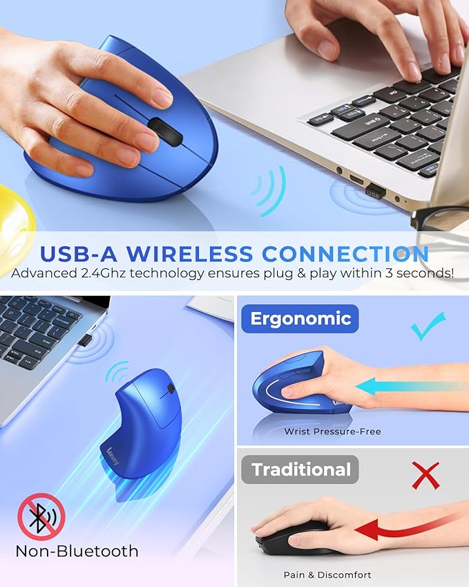 Lekvey Ergonomic Mouse, Vertical Wireless Mouse Rechargeable 2.4G USB Optical Carpal Tunnel Mice : 3 DPI 800/1200/1600 Levels 6 Buttons, for Laptop, PC, Mac, Computer, Desktop, Notebook etc, Blue