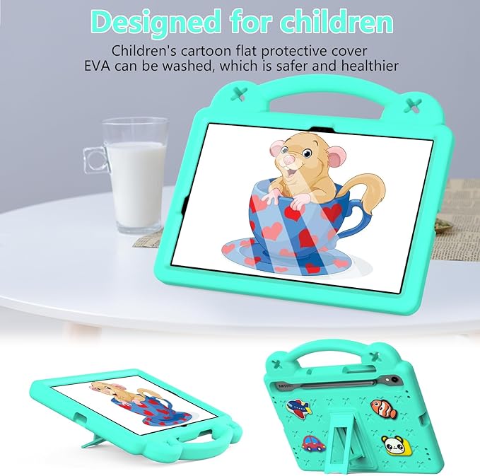 AKABEILA Compatible with Samsung Galaxy Tab S10 FE 2025 Tablet Case, Kids Friendly Universal Lightweight Shockproof Protective Case with Shoulder Strap & Stand Handle Mint Green
