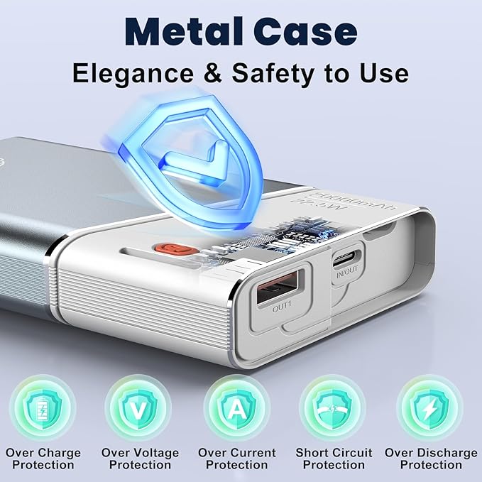 Aaoyun Portable Charger Power Bank, 20000mAh 22.5W PD Fast Charging Powerbank with Built-in USB C Cable, External Phone Battery Pack for iPhone 17/16/15 Samsung S24 Android etc
