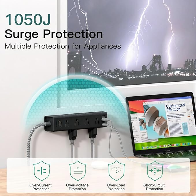 Addtam Black Power Strip Surge Protector with 12 AC Outlets & 4 USB Ports, 15FT Extension Cord, Flat Plug, Wall Mount, 1050J, Outlet Extender for Home Office Gaming Desk Setup, ETL Listed