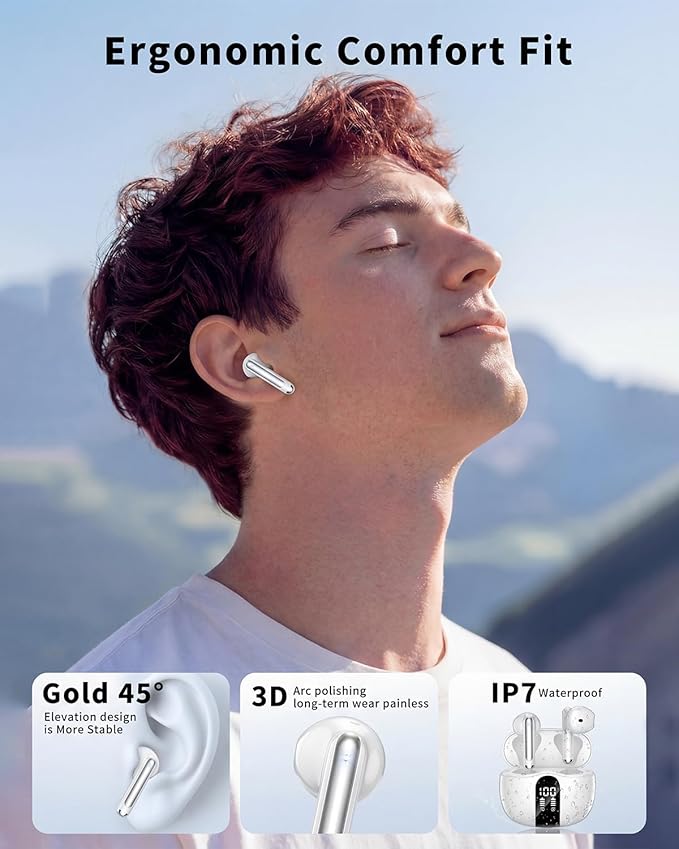 Wireless Earbuds, 2026 Bluetooth 5.4 Headphones Bass Stereo Ear Buds with Noise Cancelling Mic, LED Display in Ear Earphones 50H Playtime Ear Buds, IP7 Waterproof for Laptop Pad Phones Pure White