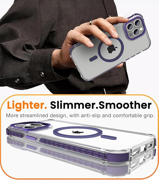 DEERLAMN Strong Magnetic Case for iPhone 15 Pro 6.1-Inch,[Compatible with Magsafe] Clear Slim Shockproof Protective Phone Cover for Women Men-Transparent+Purple