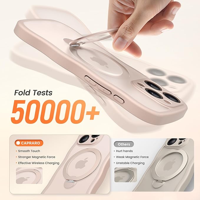 CAPRARO for iPhone 13 Pro Case with 360° Spin Magnetic Stand for Women, [Compatible with MagSafe] [Full Camera Protection] Cute Wave Translucent Matte Case for iPhone 13 Pro, Rose Gold