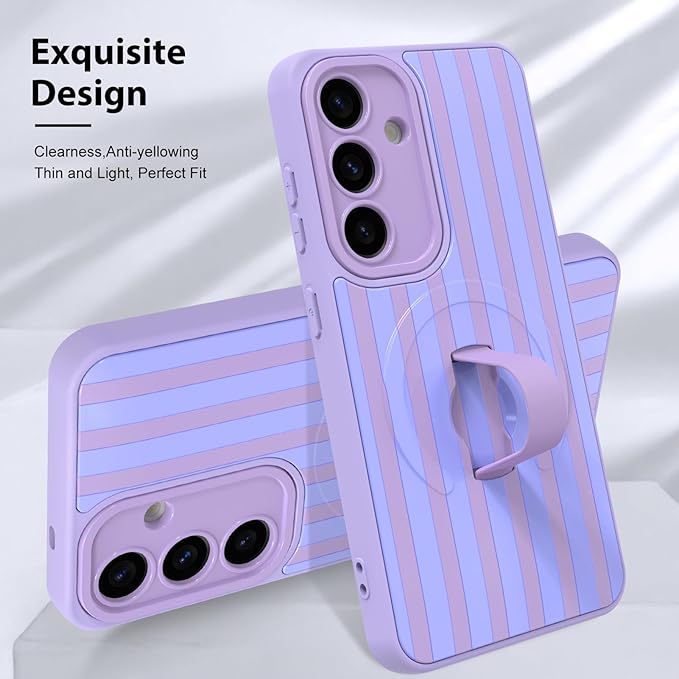 KANGHAR Compatible with Samsung Galaxy S25 Case, Support for MagSafe, Silicone Stripes Cute Pattern, Wristband Kickstand Camera Protection Soft Slim Cover for Girls Women -Purple