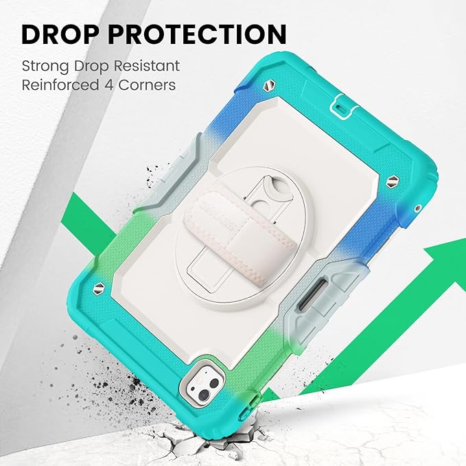 SEYMAC for iPad Pro 11 Inch Case M5 2025 / M4 2024, Heavy Duty Shockproof Protective Case with Screen Protector, 360° Rotating Stand, Hand/Shoulder Strap and Pen Holder, Colorful Blue