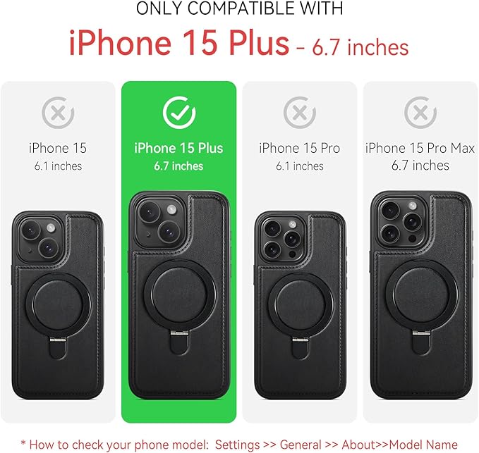 for iPhone 15 Plus Case with Stand, Compatible with MagSafe, Slim PU Leather & Durable TPU Protective Magnetic Kickstand Cover Drop-Proof with Tempered Glass Screen Protector 6.7", Black