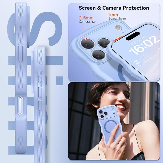 BENTOBEN Magnetic for iPhone 17 Pro Case, Cute Wavy [Full Camera Protection][Compatible with MagSafe] Matte Anti-Slip Bumper Women Girls Boys Protective Cover for 17 Pro 6.3", Mist Bluem