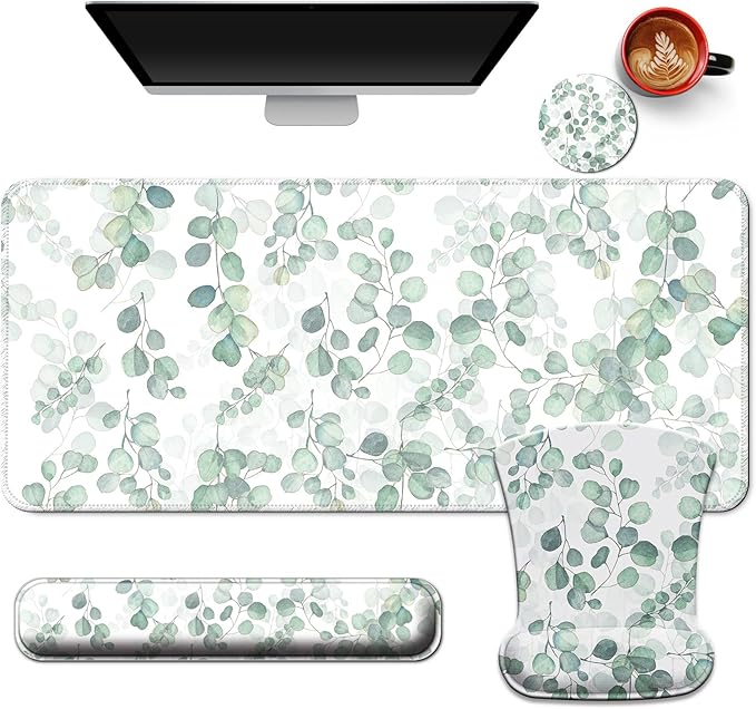 Desk Mat Set + Keyboard and Mouse Pad with Wrist Rest Support,4-in-1 Large Mousepad Computer Mats for Desktop Home & Office -Eucalyptus