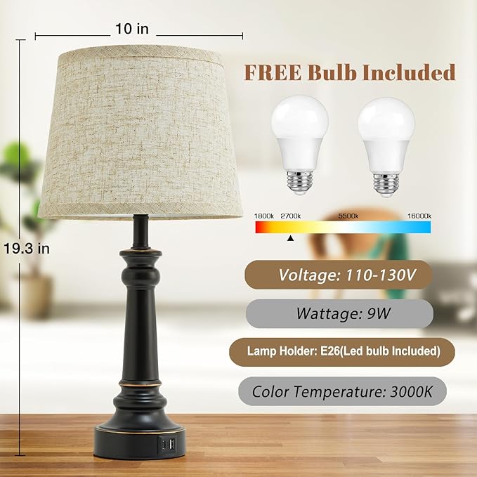 EJIAXIN Touch Lamps for Nightstand Set of 2 - Black Table Lamp for Bedroom Dimmable Bedside Lamp with USB C+A Ports - Lamps for Night Stands Living Room End Table,2 LED Bulbs Included