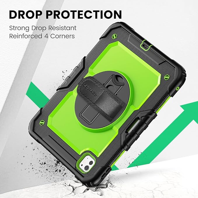 SEYMAC for iPad Pro 11 Inch Case M5 2025 / M4 2024, Heavy Duty Shockproof Protective Case with Screen Protector, 360° Rotating Stand, Hand/Shoulder Strap and Pen Holder, Green