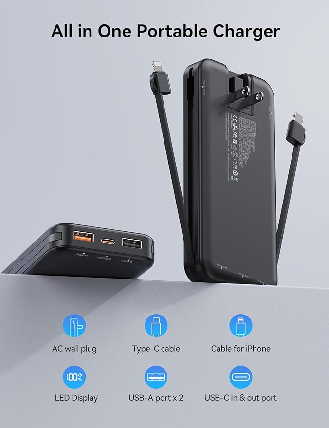 10000mAh Ultra-Portable-Charger-Power-Bank with Built in Cables&AC Wall Plug, PD20W USB-C Fast Charging Cell Phone Charger Battery Pack,LED Display Travel Battery Bank for All iPhone,Samsung,Android