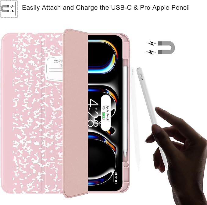 Soke Case for New iPad Pro 13 Inch (M5/M4, 2025/2024 Release), with Pencil Holder Trifold Stand Shockproof [Support Apple Pencil Charging + Auto Wake/Sleep], Soft TPU Back Cover, Book Pink