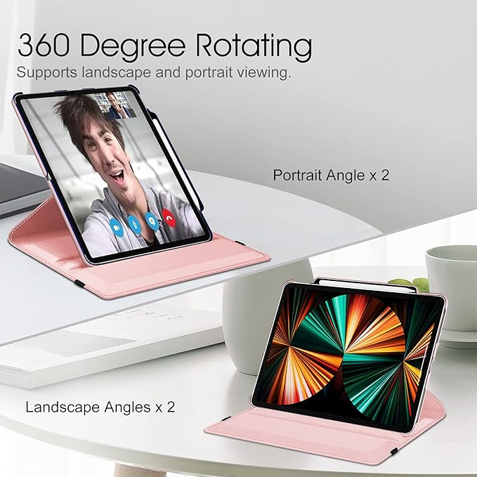Fintie Rotating Case for iPad Pro 12.9-inch 6th Generation 2022-360 Degree Swiveling Protective Cover with Pencil Holder, Auto Sleep/Wake, Also Fit iPad Pro 12.9" 5th/4th/3rd Gen, Rose Gold