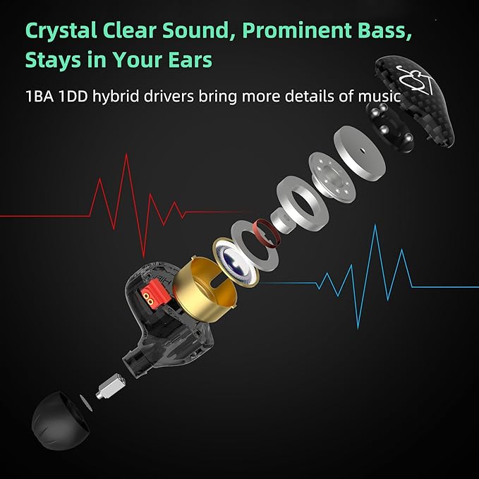 YINYOO KZ-ZST Hybrid Banlance Armature with Dynamic in-Ear Earphone 1BA+1DD HiFi Headset Wired Earbuds IEM Headphones Gaming Earbuds (Black-zst Without Microphone)