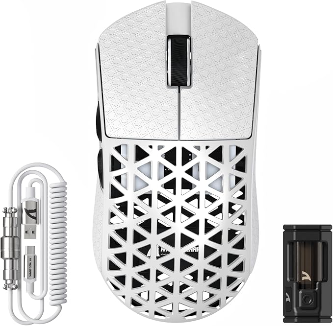 ATTACK SHARK R5 Ultra Wireless Gaming Mouse,Carbon Fiber Shell 39g Superlight,PAW3950MAX Optical Sensor Nordic 52840 MCU 8K Polling 42K DPI,Tri-Mode Programmable Mice with Coiled Cable-White&Griptape