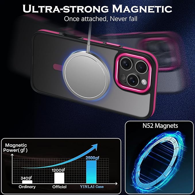 YINLAI Case for iPhone 16 Pro 6.3-Inch, iPhone 16 Pro Phone Case Magnetic [Compatible with Magsafe] Slim Translucent Matte Men Women Girls Shockproof Protective Back Cover, Black/Hot Pink
