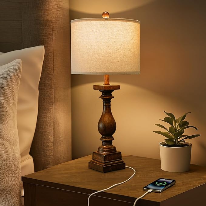 BOBOMOMO 27" Farmhouse Living Room Lamps with USB-A +C Ports, Vintage Rustic Bedside Night Stand Lamps Set of 2, Linen Shade, Retro Side Table Lamps for Living Room, Bedroom (Blubs not Included)