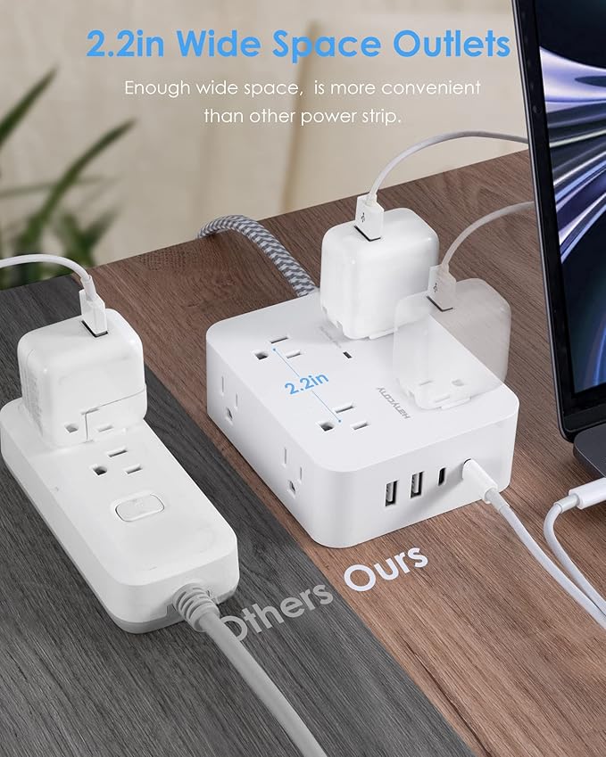 6Ft Surge Protector Power Strip with USB C, HANYCONY Extension Cord with 8 Outlets(2.2 IN) 4 USB Ports(2 USB C), Flat Plug, Wall Mount, 3 Side Outlet Extender for Home Dorm Room Essentials, ETL Listed
