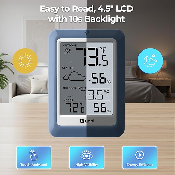 Indoor Outdoor Thermometer Hygrometer Wireless Weather Station, Temperature Humidity Monitor Battery Powered Inside Outside Thermometers with 330ft Range Remote Sensor(Blue)