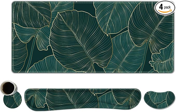 ToLuLu Extended Gaming Mouse Pad, Memory Foam Ergonomic Keyboard Mouse Wrist Rest Support Set, Large Desk Mat with Stitched Edges, Non-Slip Base Mousepad for Home Office Game, Green Golden Leaves
