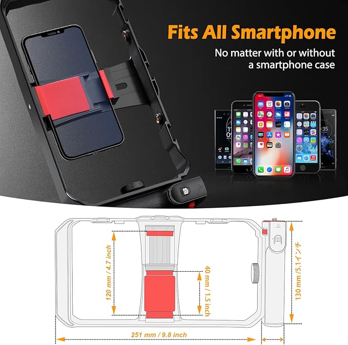 Smartphone Video Rig, Filmmaking Vlogging Cage, Phone Stabilizer Tripod Mount with Wireless Remote Shutter for All iPhone and Android Smartphones