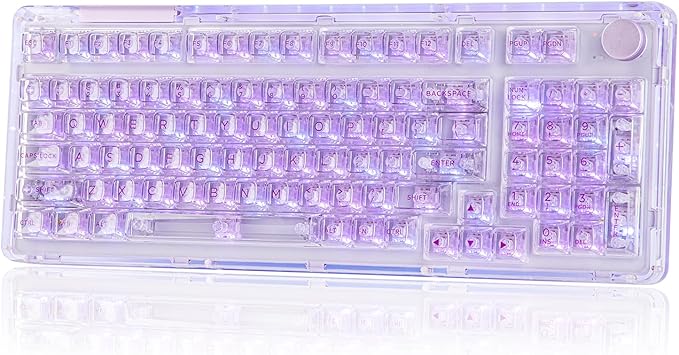 KiiBoom Phantom 98 Crystal Mechanical Gaming Keyboard, Transparent Keyboard with RGB Backlits, Hot-Swappable, Shine Through Clear Keycaps, 3 Modes Wireless, 8000mAh Battery, NKRO for Win/Mac (Purple)