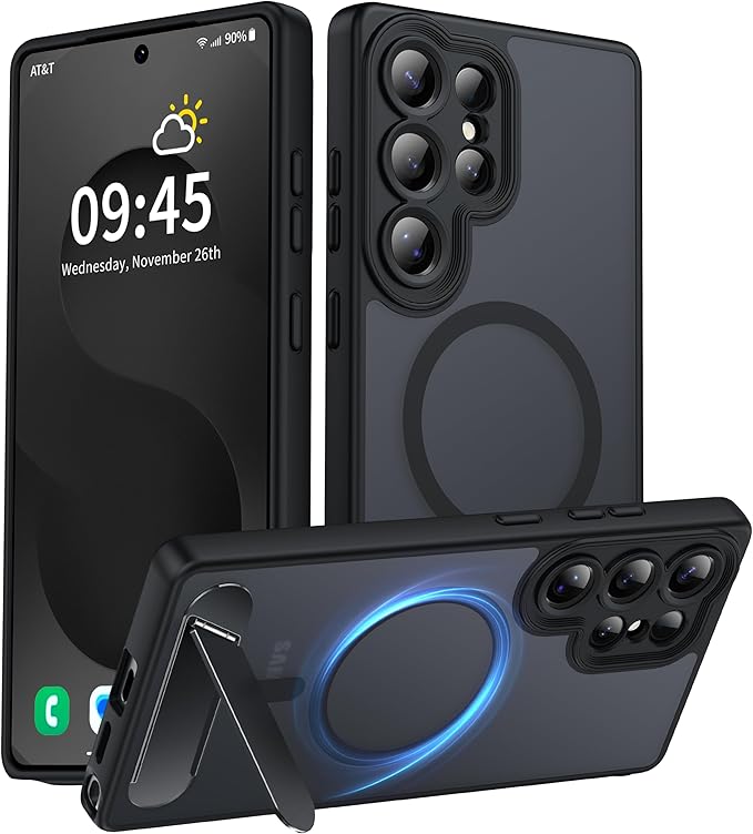 Magnetic for Samsung Galaxy S25 Ultra Case, [Compatible with MagSafe][Full Camera Protection][Built-in Invisible Kickstand] Translucent Matte Phone Case for S25 Ultra 6.9" - Black