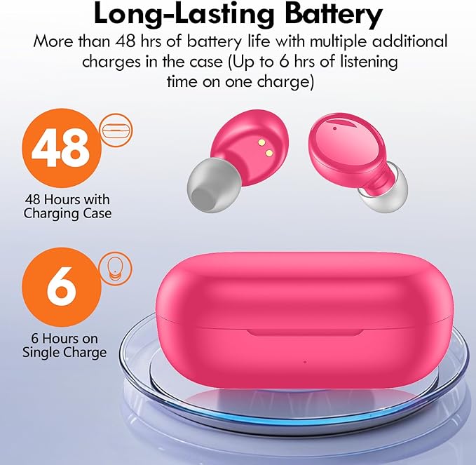 Lanteso True Wireless Bluetooth 5.4 Earbuds, 48H Playtime,Light Weight Headphones in Ear Buds Built in Mic Headset Premium Sound with Deep Bass,Clear Calls Earphones for Sports Workout Hot Pink