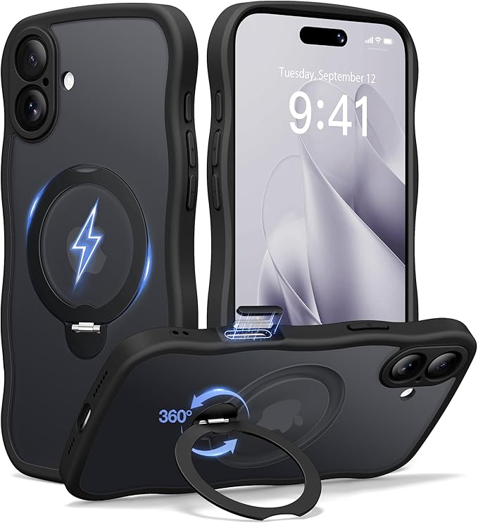 CAPRARO for iPhone 16 Plus Case with 360° Spin Magnetic Stand for Women, [Compatible with MagSafe] [Full Camera Protection] Cute Wave Translucent Matte Case for iPhone 16 Plus, Black